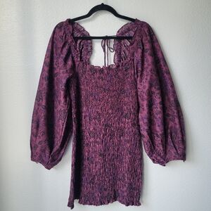 NWT Free People Smock It To Me Puff Sleeve Mini Dress Size Medium Hazelnut Combo